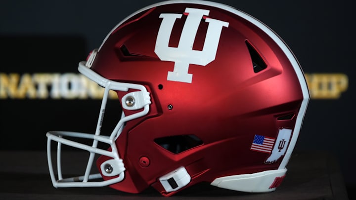 Jan 18, 2026; Miami, FL, USA; An Indiana Hoosiers helmet at the CFP head coaches press conference at JW Marriott Marquis Miami.