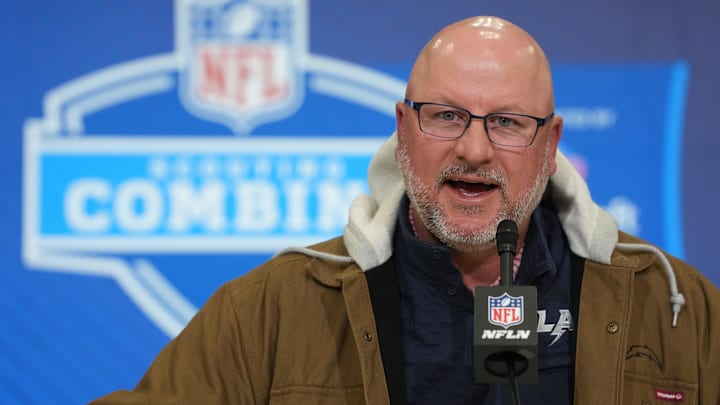 Feb 24, 2026; Indianapolis, IN, USA; Los Angeles Chargers general manager Joe Hortiz speaks at the NFL Scouting Combine at the Indiana Convention Center. Mandatory Credit: Kirby Lee-Imagn Images