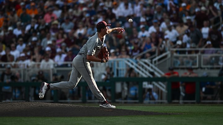 Jun 24, 2024; Omaha, NE, USA;  Texas A&M Aggies pitcher Josh Stewart (34) throws against the Tennessee Volunteers during the third inning at Charles Schwab Field Omaha. Mandatory Credit: Steven Branscombe-Imagn Images
