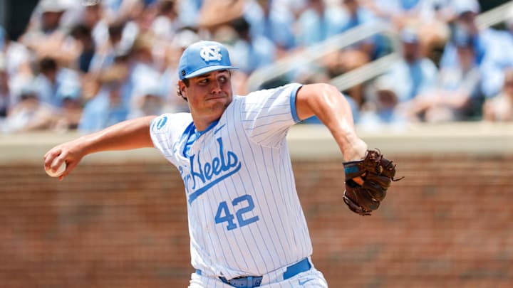 Jun 8, 2025; Chapel Hill, NC, USA; North Carolina pitcher Jake Knapp (42) pitches the ball during the seventh inning of the Super Regionals game against Arizona in Chapel Hill, North Carolina. Mandatory Credit: Jaylynn Nash-Imagn Images