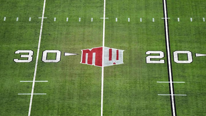 Dec 2, 2023; Las Vegas, NV, USA; The Mountain West conference logo on the field at Allegiant Stadium. Mandatory Credit: Kirby Lee-Imagn Images