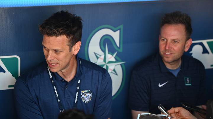 Aug 1, 2023; Seattle, Washington, USA; Seattle Mariners president of baseball operations Jerry Dipoto and general manager Justin Hollander talk to the media prior to the game against the Boston Red Sox at T-Mobile Park. Mandatory Credit: Steven Bisig-USA TODAY Sports Aug 1, 2023; Seattle, Washington, USA; Seattle Mariners president of baseball operations Jerry Dipoto and general manager Justin Hollander talk to the media prior to the game against the Boston Red Sox at T-Mobile Park. Mandatory Credit: Steven Bisig-USA TODAY Sports