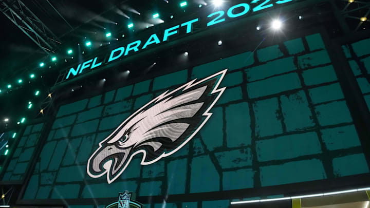 Apr 24, 2025; Green Bay, WI, USA; The Philadelphia Eagles logo is projected on the video board during the NFL Draft at Lambeau Field. Mandatory Credit: Kirby Lee-Imagn Images