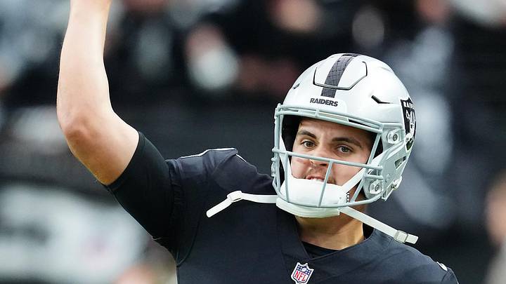 Jan 7, 2024; Paradise, Nevada, USA; Las Vegas Raiders quarterback Aidan O'Connell (4) warms up before a game against the Denver Broncos at Allegiant Stadium. Mandatory Credit: Stephen R. Sylvanie-USA TODAY Sports Jan 7, 2024; Paradise, Nevada, USA; Las Vegas Raiders quarterback Aidan O'Connell (4) warms up before a game against the Denver Broncos at Allegiant Stadium. Mandatory Credit: Stephen R. Sylvanie-USA TODAY Sports