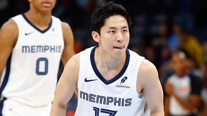 Memphis Grizzlies guard Yuki Kawamura (17) prepares to play during the second half against the Charlotte Hornets at FedExForum. Mandatory Credit: Petre Thomas-Imagn Images