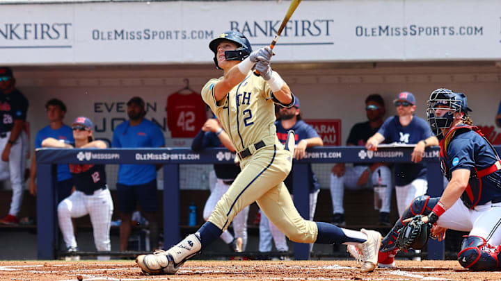 Jun 1, 2025; Oxford, MS, USA; Georgia Tech Yellowjackets shortstop Kyle Lodise (2) hits a home run during the first inning against the Mississippi Rebels. Mandatory Credit: Petre Thomas-Imagn Images