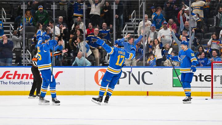 Mar 13, 2026; St. Louis, Missouri, USA; St. Louis Blues defenseman Cam Fowler (17) is congratulated by defenseman Colton Parayko (55) and right wing Jordan Kyrou (25) after scoring against the Edmonton Oilers during the third period at Enterprise Center. Mandatory Credit: Jeff Curry-Imagn Images