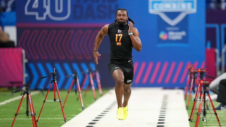 Feb 28, 2026; Indianapolis, IN, USA; Indiana wideout Omar Cooper Jr. (WO17) during the NFL Scouting Combine at Lucas Oil Stadium. Mandatory Credit: Kirby Lee-Imagn Images
