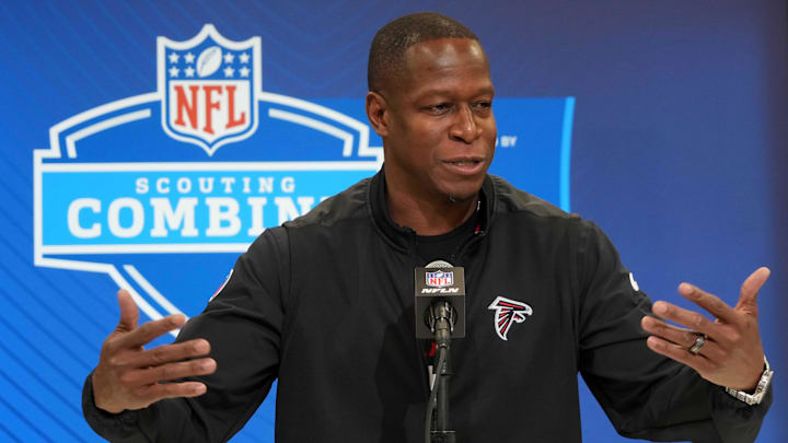 Feb 25, 2025; Indianapolis, IN, USA; Atlanta Falcons coach Raheem Morris speaks during the NFL Scouting Combine at the Indiana Convention Center.