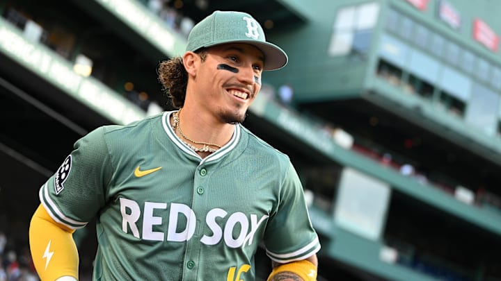 May 16, 2025; Boston, Massachusetts, USA; Boston Red Sox left fielder Jarren Duran (16) runs out of the dugout before the start of a game against the Atlanta Braves at Fenway Park. May 16, 2025; Boston, Massachusetts, USA; Boston Red Sox left fielder Jarren Duran (16) runs out of the dugout before the start of a game against the Atlanta Braves at Fenway Park.