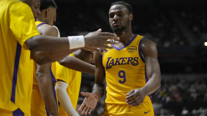 Jul 12, 2024; Las Vegas, NV, USA; Los Angeles Lakers guard Bronny James (9) walks back to the bench during the second half against the Houston Rockets at the Thomas & Mack Center. Mandatory Credit: Lucas Peltier-Imagn Images Jul 12, 2024; Las Vegas, NV, USA; Los Angeles Lakers guard Bronny James (9) walks back to the bench during the second half against the Houston Rockets at the Thomas & Mack Center. Mandatory Credit: Lucas Peltier-Imagn Images
