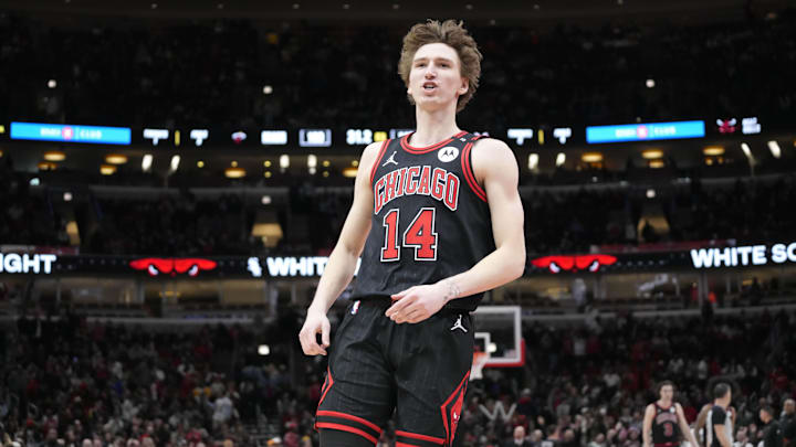 Apr 9, 2025; Chicago, Illinois, USA; Chicago Bulls forward Matas Buzelis (14) celebrates his three point basket against the Miami Heat during the second half at United Center. Mandatory Credit: David Banks-Imagn Images