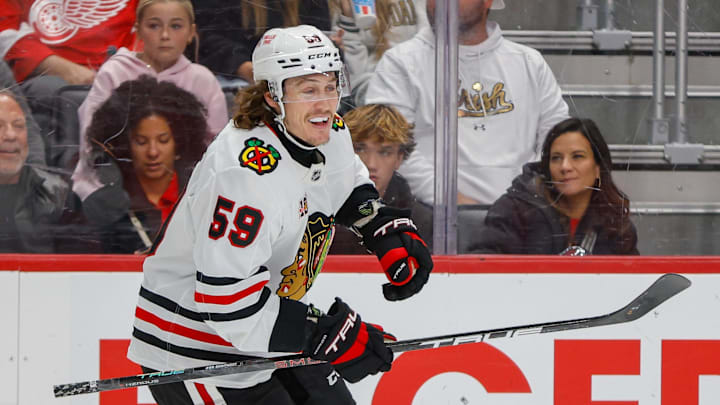 Nov 9, 2025; Detroit, Michigan, USA; Chicago Blackhawks left wing Tyler Bertuzzi (59) reacts after scoring a goal in the third period at Little Caesars Arena. Mandatory Credit: Brian Bradshaw Sevald-Imagn Images