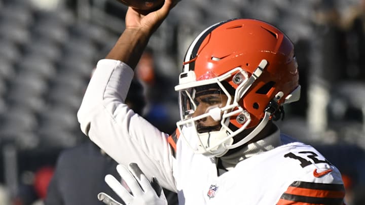 Dec 14, 2025; Chicago, Illinois, USA; Cleveland Browns quarterback Shedeur Sanders (12) warms up prior to the game against the Chicago Bears at Soldier Field. Mandatory Credit: Matt Marton-Imagn Images Dec 14, 2025; Chicago, Illinois, USA; Cleveland Browns quarterback Shedeur Sanders (12) warms up prior to the game against the Chicago Bears at Soldier Field. Mandatory Credit: Matt Marton-Imagn Images