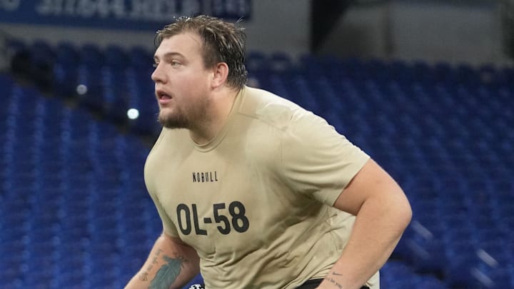 Mar 3, 2024; Indianapolis, IN, USA; Oregon offensive lineman Jackson Powers-Johnson (OL58) during