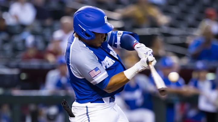 Aug 28, 2022; Phoenix, Arizona, US; East outfielder Alfonsin Rosario (37) during the Perfect Game All-American Classic high school baseball game at Chase Field. Mandatory Credit: Mark J. Rebilas-Imagn Images