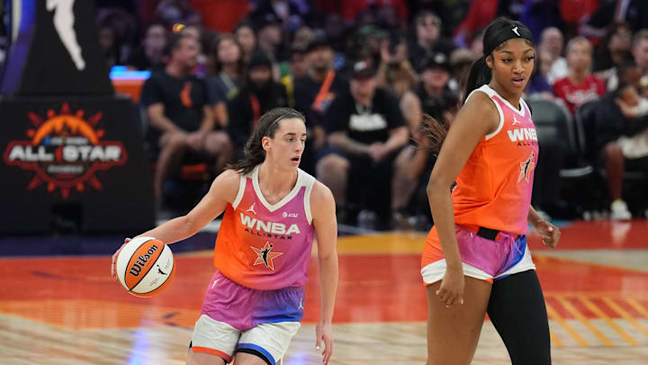 Clark and Reese teaming up during the 2024 WNBA All-Star Game. Clark and Reese teaming up during the 2024 WNBA All-Star Game.