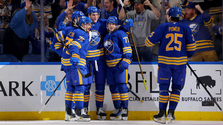 Oct 22, 2024; Buffalo, New York, USA;  Buffalo Sabres center Tage Thompson (72) celebrates his goal with teammates during the third period against the Dallas Stars at KeyBank Center. Mandatory Credit: Timothy T. Ludwig-Imagn Images