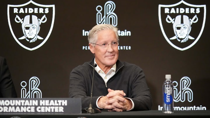 Jan 27, 2025; Las Vegas, NV, USA; Las Vegas Raiders coach Pete Carroll at press conference at Intermountain Health Performance Center. Mandatory Credit: Kirby Lee-Imagn Images Jan 27, 2025; Las Vegas, NV, USA; Las Vegas Raiders coach Pete Carroll at press conference at Intermountain Health Performance Center. Mandatory Credit: Kirby Lee-Imagn Images