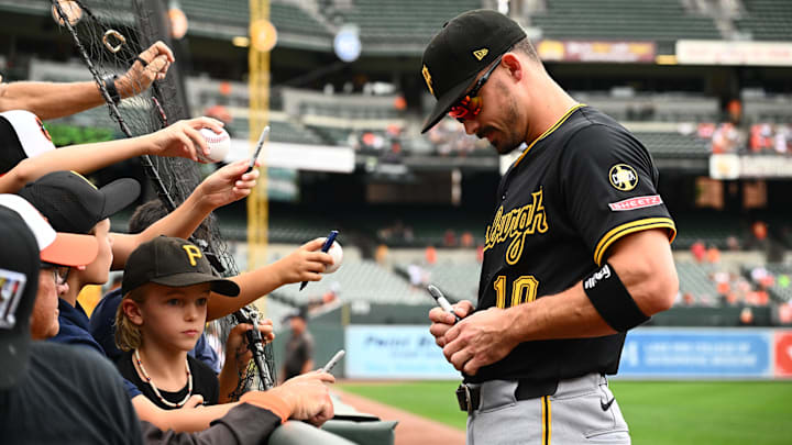 Pittsburgh Pirates outfielder Bryan Reynolds signs autographs for fans.