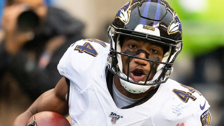 Oct 20, 2019; Seattle, WA, USA; Baltimore Ravens cornerback Marlon Humphrey (44) runs a fumbled ball back for a touchdown during the second half at CenturyLink Field. Baltimore defeated Seattle 30-16. Oct 20, 2019; Seattle, WA, USA; Baltimore Ravens cornerback Marlon Humphrey (44) runs a fumbled ball back for a touchdown during the second half at CenturyLink Field. Baltimore defeated Seattle 30-16.