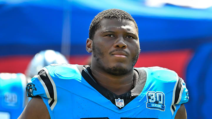 Aug 24, 2024; Orchard Park, New York, USA; Carolina Panthers defensive end Derrick Brown (95) enters the field before a pre-season game against the Buffalo Bills at Highmark Stadium. Mandatory Credit: Mark Konezny-Imagn Images