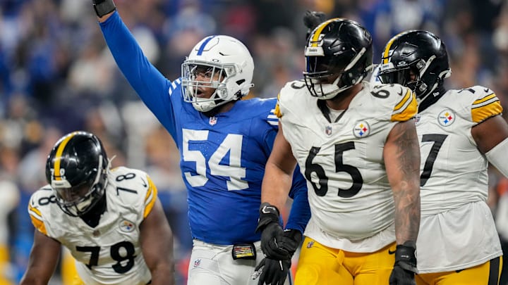 Indianapolis Colts defensive end Dayo Odeyingbo (54) reacts after a sack Saturday, Dec. 16, 2023, during a game against the Pittsburgh Steelers at Lucas Oil Stadium in Indianapolis.