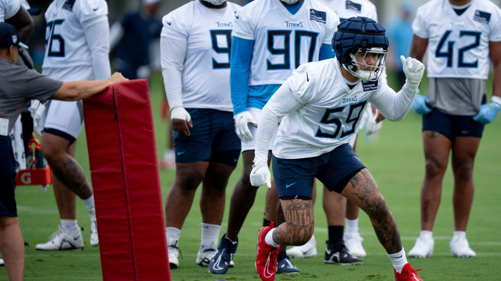 Tennessee Titans new signee Shane Ray (59) runs through drills on the second day of training camp Thursday, July 25, 2024. Tennessee Titans new signee Shane Ray (59) runs through drills on the second day of training camp Thursday, July 25, 2024.