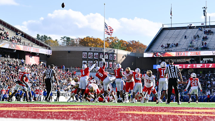 Nov 8, 2025; Chestnut Hill, Massachusetts, USA; The Boston College Eagles kick a field goal against the Southern Methodist University Mustangs during the first half at Alumni Stadium. Mandatory Credit: Eric Canha-Imagn Images