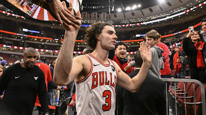 Oct 22, 2025; Chicago, Illinois, USA; Chicago Bulls guard Josh Giddey (3) greets fans after the game against the Detroit Pistons at United Center. Oct 22, 2025; Chicago, Illinois, USA; Chicago Bulls guard Josh Giddey (3) greets fans after the game against the Detroit Pistons at United Center.