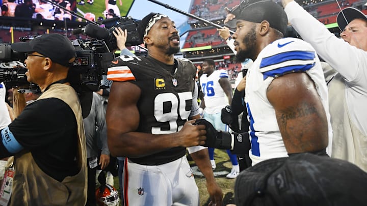 Sep 8, 2024; Cleveland, Ohio, USA; Cleveland Browns defensive end Myles Garrett (95) talks to Dallas Cowboys linebacker Micah Parsons (11) after the game at Huntington Bank Field. Mandatory Credit: Ken Blaze-Imagn Images Sep 8, 2024; Cleveland, Ohio, USA; Cleveland Browns defensive end Myles Garrett (95) talks to Dallas Cowboys linebacker Micah Parsons (11) after the game at Huntington Bank Field. Mandatory Credit: Ken Blaze-Imagn Images