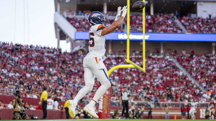 August 9, 2025; Santa Clara, California, USA; Denver Broncos tight end Lucas Krull (85) scores a touchdown against the San Francisco 49ers during the second quarter at Levi's Stadium. Mandatory Credit: Kyle Terada-Imagn Images August 9, 2025; Santa Clara, California, USA; Denver Broncos tight end Lucas Krull (85) scores a touchdown against the San Francisco 49ers during the second quarter at Levi's Stadium. Mandatory Credit: Kyle Terada-Imagn Images