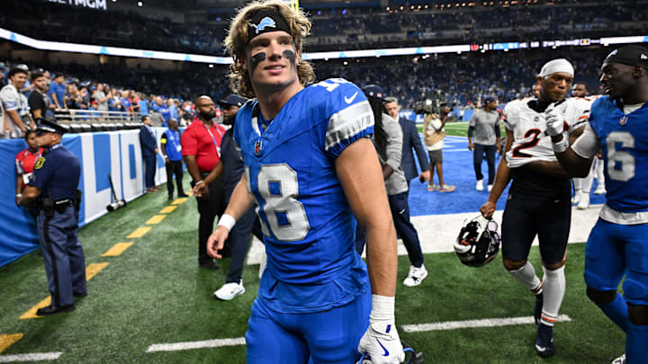 Sep 14, 2025; Detroit, Michigan, USA; Detroit Lions wide receiver Isaac TeSlaa (18) looks on as he leaves the field after the game against the Chicago Bears at Ford Field. Mandatory Credit: Lon Horwedel-Imagn Images