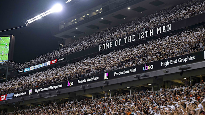 A view of the fans and the stands and the 12th Man logo during the second half of the game between the Texas A&M Aggies and the Miami Hurricanes at Kyle Field.