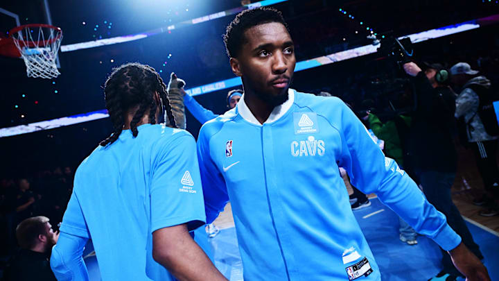 Mar 5, 2025; Cleveland, Ohio, USA; Cleveland Cavaliers guard Donovan Mitchell (45) is introduced before the game between the Cavaliers and the Miami Heat at Rocket Arena. Mandatory Credit: Ken Blaze-Imagn Images