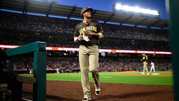San Diego Padres third baseman Manny Machado (13) looks on after being called out following an ABS challenge during the fourth inning against the Los Angeles Angels at Angel Stadium on April 17. San Diego Padres third baseman Manny Machado (13) looks on after being called out following an ABS challenge during the fourth inning against the Los Angeles Angels at Angel Stadium on April 17.