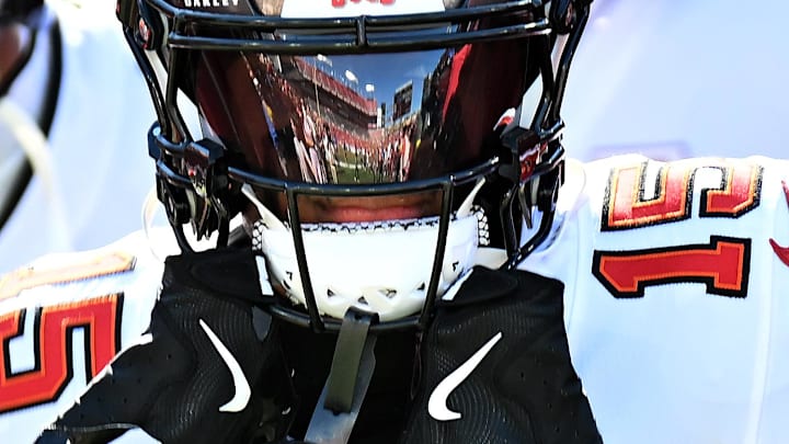 Oct 12, 2025; Tampa, Florida, USA; Tampa Bay Buccaneers wide receiver Tez Johnson (15) warms up before a game against the San Francisco 49ers at Raymond James Stadium. Mandatory Credit: Jonathan Dyer-Imagn Images