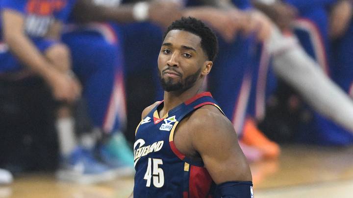 May 25, 2026; Cleveland, Ohio, USA; Cleveland Cavaliers guard Donovan Mitchell (45) reacts in the first quarter against New York Knicks during game four of the eastern conference finals for the 2026 NBA playoffs at Rocket Arena. Mandatory Credit: David Richard-Imagn Images