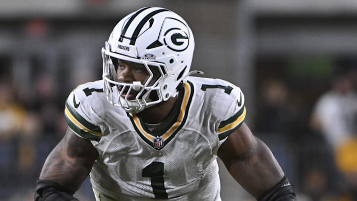 Oct 26, 2025; Pittsburgh, Pennsylvania, USA; Green Bay Packers defensive end Micah Parsons (1) during the fourth quarter against the Pittsburgh Steelers at Acrisure Stadium. Mandatory Credit: Barry Reeger-Imagn Images