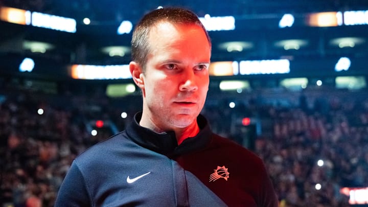 Apr 27, 2026; Phoenix, Arizona, USA; Phoenix Suns head coach Jordan Ott against the Oklahoma City Thunder during game four of the first round of the 2026 NBA Playoffs at Mortgage Matchup Center. Mandatory Credit: Mark J. Rebilas-Imagn Images

