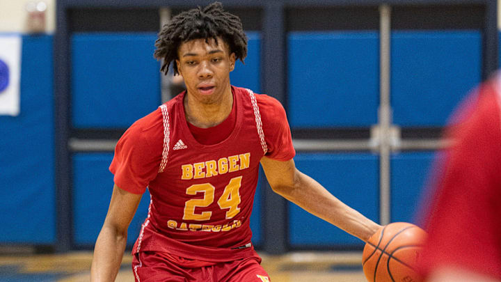 Feb 3, 2024; Hackensack, New Jersey, United States; Bergen Catholic vs. St. Joseph in the quarterfinals of the 67th Bergen County Jamboree boys basketball tournament at Hackensack High School. BC #24 Julius Avent.