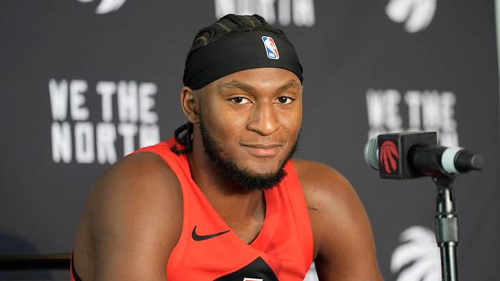 Sep 28, 2026; Toronto, ON, Canada;  Toronto Raptors guard Immanuel Quickley (5) talks to the media during Toronto Raptors-Media Day at Hotel-X.  Mandatory Credit: John E. Sokolowski-Imagn Images