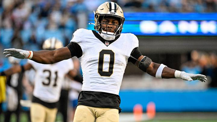 Nov 3, 2024; Charlotte, North Carolina, USA; New Orleans Saints safety Ugo Amadi (0) reacts in the fourth qarter at Bank of America Stadium. Nov 3, 2024; Charlotte, North Carolina, USA; New Orleans Saints safety Ugo Amadi (0) reacts in the fourth qarter at Bank of America Stadium.