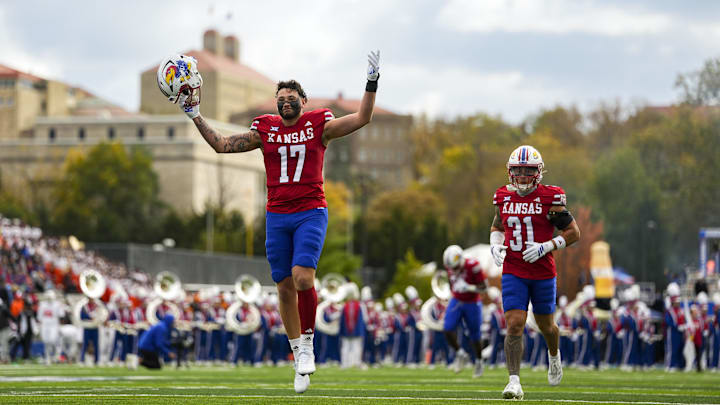 Nov 1, 2025; Lawrence, Kansas, USA; Kansas Jayhawks tight end Jaden Hamm (17) takes the field prior to a game against the Oklahoma State Cowboys at David Booth Kansas Memorial Stadium. Mandatory Credit: Jay Biggerstaff-Imagn Images