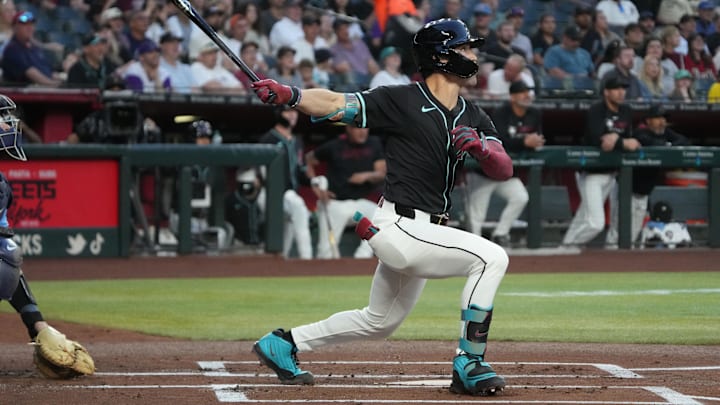 Apr 23, 2025; Phoenix, Arizona, USA; Arizona Diamondbacks outfielder Corbin Carroll (7) hits a solo home run against the Tampa Bay Rays during the first inning at Chase Field. Mandatory Credit: Rick Scuteri-Imagn Images Apr 23, 2025; Phoenix, Arizona, USA; Arizona Diamondbacks outfielder Corbin Carroll (7) hits a solo home run against the Tampa Bay Rays during the first inning at Chase Field. Mandatory Credit: Rick Scuteri-Imagn Images