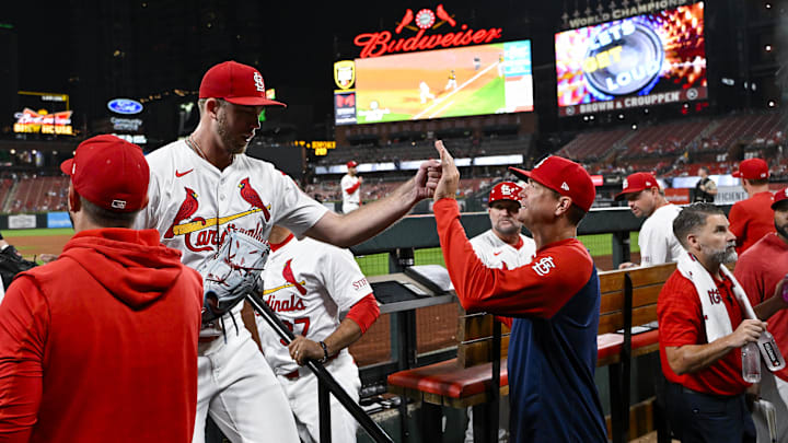 Sep 17, 2024; St. Louis, Missouri, USA; St. Louis Cardinals relief pitcher Matthew Liberatore (52) is congratulated by pitcher Kyle Gibson (44) after the final out of the eighth inning against the Pittsburgh Pirates at Busch Stadium. Mandatory Credit: Jeff Curry-Imagn Images Sep 17, 2024; St. Louis, Missouri, USA; St. Louis Cardinals relief pitcher Matthew Liberatore (52) is congratulated by pitcher Kyle Gibson (44) after the final out of the eighth inning against the Pittsburgh Pirates at Busch Stadium. Mandatory Credit: Jeff Curry-Imagn Images