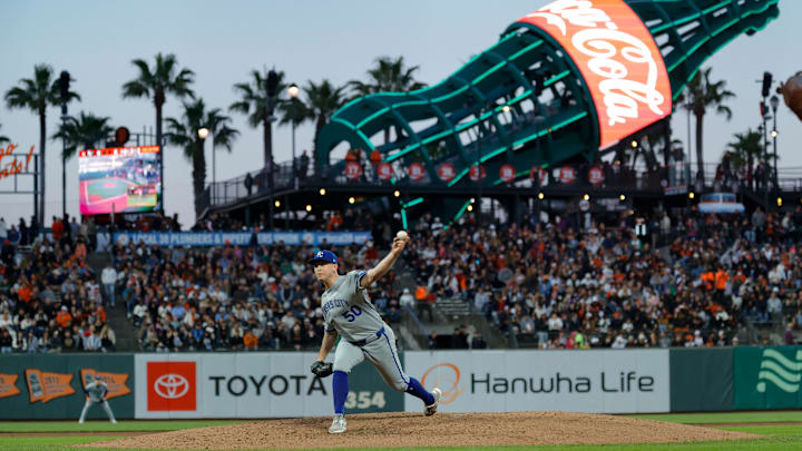 May 19, 2025; San Francisco, California, USA; Kansas City Royals pitcher Kris Bubic (50) throws a pitch during the sixth inning against the San Francisco Giants at Oracle Park. Mandatory Credit: Sergio Estrada-Imagn Images