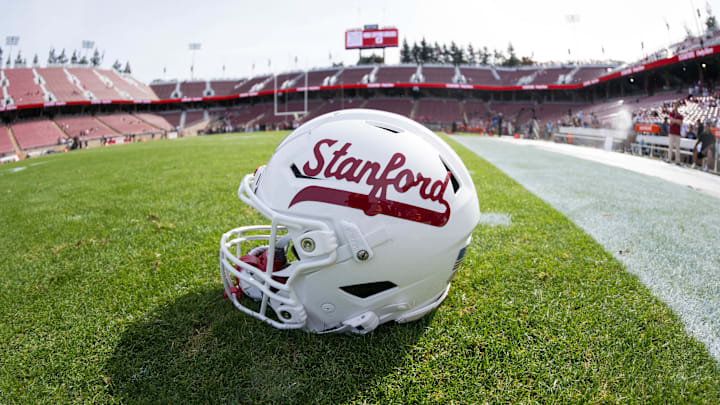 White Stanford helmet with red lettering