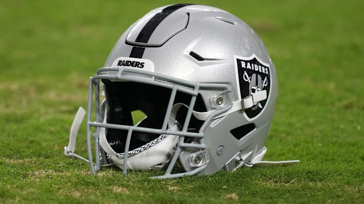 Aug 23, 2024; Paradise, Nevada, USA; A Las Vegas Raiders Riddell speedflex helmet on the field at Allegiant Stadium. Mandatory Credit: Kirby Lee-Imagn Images