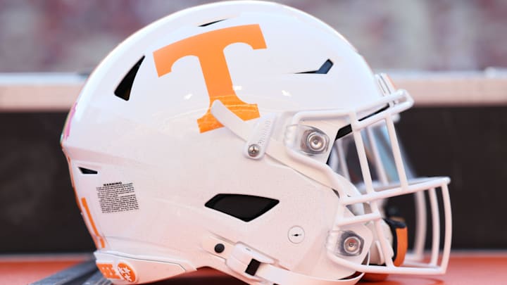 Oct 5, 2024; Fayetteville, Arkansas, USA; General view of a Tennessee Volunteers helmet prior to the game against the Arkansas Razorbacks at Donald W. Reynolds Razorback Stadium. Mandatory Credit: Nelson Chenault-Imagn Images